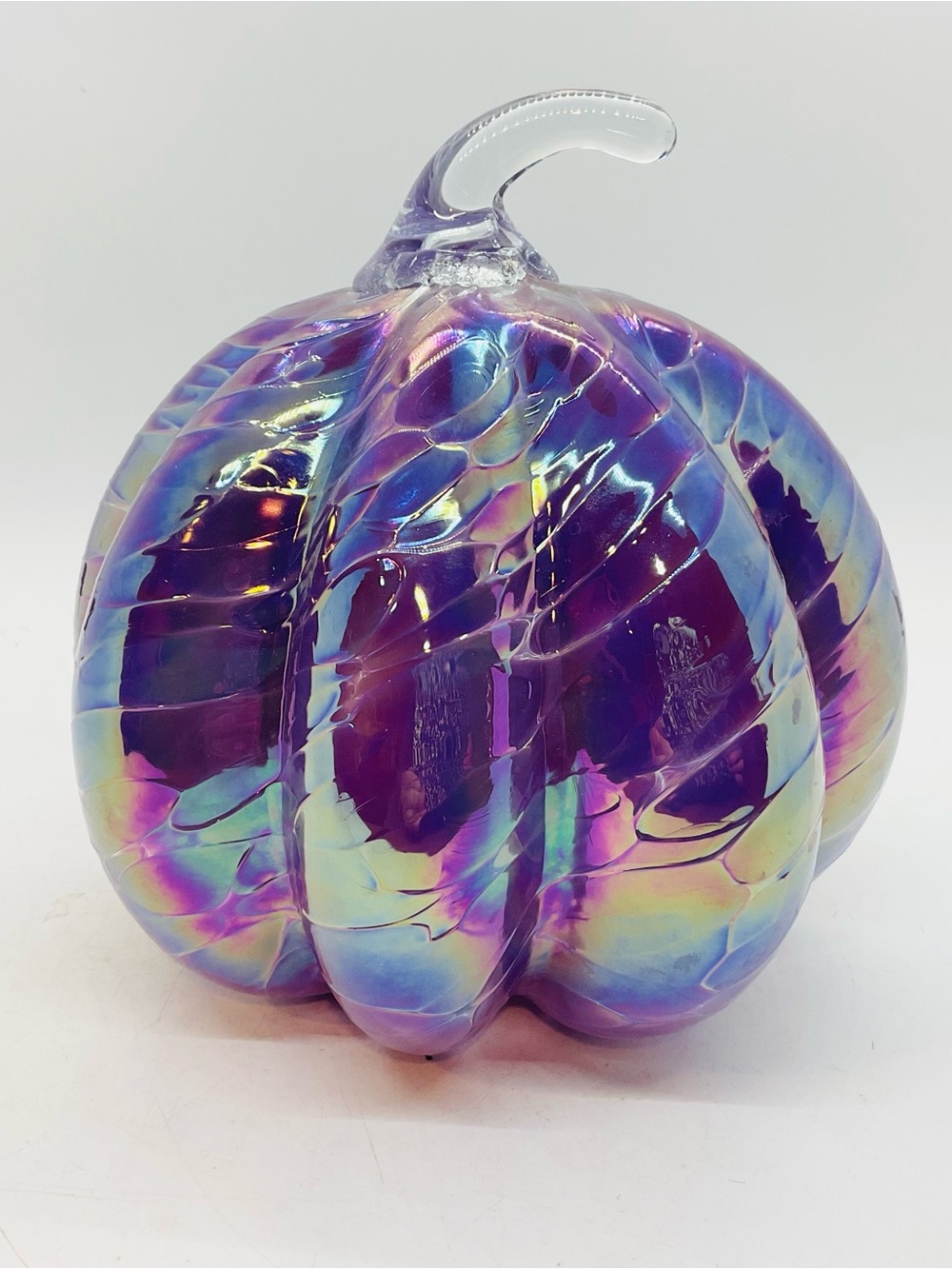 Hand Blown Studio Art Textured Iridescent Purple, Blue, Gold Glass Pumpkin 6” T